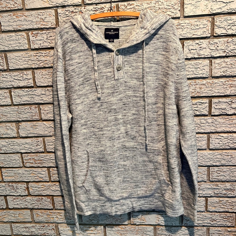 American Eagle Mens Blue Space Dye Knit Henley Hoodie Sweater Large